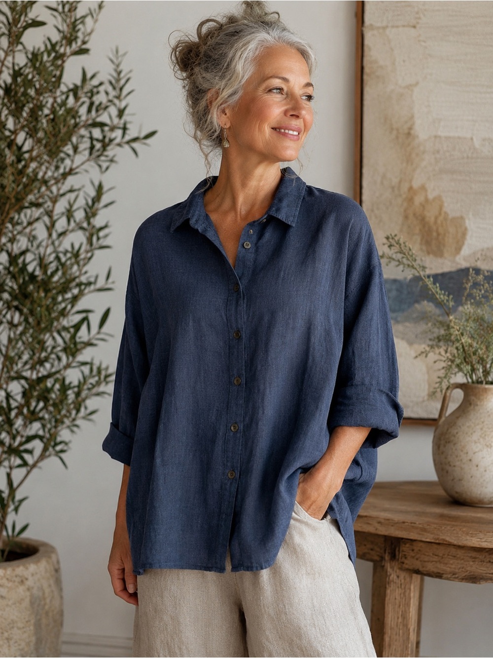 Flax Linen Button Front Shirt in Navy Blue